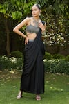 Buy_Bohame_Black Satin Chiffon Nida Pre-draped Concept Saree With Embellished Blouse _Online_at_Aza_Fashions