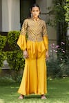 Buy_Bohame_Yellow Satin Chiffon Daniyah Embellished Jacket Peplum Top With Sharara _Online_at_Aza_Fashions