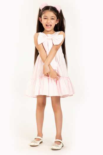Buy_Byb Premium_Pink Cotton Bows Tiered Embellished Dress _Online_at_Aza_Fashions