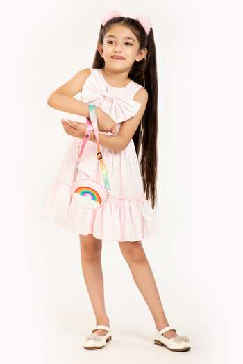 Shop_Byb Premium_Pink Cotton Bows Tiered Embellished Dress _Online_at_Aza_Fashions