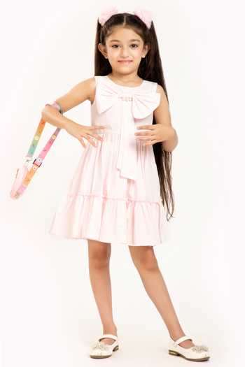 Byb Premium_Pink Cotton Bows Tiered Embellished Dress _at_Aza_Fashions