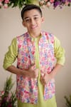 Shop_Pa:Paa_Green Kurta Cotton Printed Floral Bundi And Set  _Online_at_Aza_Fashions