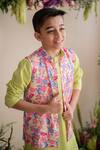 Pa:Paa_Green Kurta Cotton Printed Floral Bundi And Set  _at_Aza_Fashions