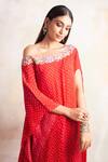 Palak & Mehak_Red Crepe Print Floral Asymmetric Bandhani Off Shoulder Dress _at_Aza_Fashions