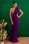 Palak & Mehak_Purple Chinnon Square Neck Ruffle Pre-draped Saree Set _Online_at_Aza_Fashions