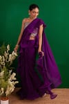 Buy_Palak & Mehak_Purple Chinnon Square Neck Ruffle Pre-draped Saree Set _Online_at_Aza_Fashions