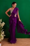 Shop_Palak & Mehak_Purple Chinnon Square Neck Ruffle Pre-draped Saree Set _Online_at_Aza_Fashions