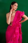 Palak & Mehak_Pink Chinnon Square Neck Solid Pre-draped Saree Set _at_Aza_Fashions