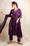 Shop_Palak & Mehak_Purple Rayon Crepe Flower V Neck Stripe Anarkali Kurta Set _Online_at_Aza_Fashions