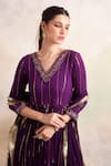 Palak & Mehak_Purple Rayon Crepe Flower V Neck Stripe Anarkali Kurta Set _at_Aza_Fashions