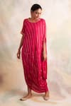 Palak & Mehak_Pink Rayon Crepe Embellished Stripe Round Neck Pattern Cowl Hem Dress _Online_at_Aza_Fashions