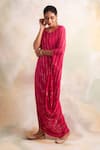 Shop_Palak & Mehak_Pink Rayon Crepe Embellished Stripe Round Neck Pattern Cowl Hem Dress _Online_at_Aza_Fashions