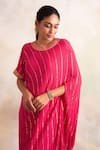 Palak & Mehak_Pink Rayon Crepe Embellished Stripe Round Neck Pattern Cowl Hem Dress _at_Aza_Fashions