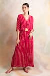 Palak & Mehak_Pink Rayon Crepe Striped V Neck Kaftan _Online_at_Aza_Fashions