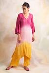 Palak & Mehak_Pink Rayon Crepe Striped V Neck Ombre Kurta And Pant Set _Online_at_Aza_Fashions