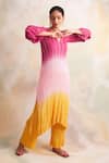 Buy_Palak & Mehak_Pink Rayon Crepe Striped V Neck Ombre Kurta And Pant Set _Online_at_Aza_Fashions