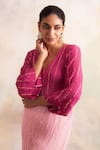 Palak & Mehak_Pink Rayon Crepe Striped V Neck Ombre Kurta And Pant Set _at_Aza_Fashions