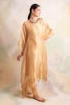 Shop_Palak & Mehak_Gold Kurta Tissue Solid V Neck Flared Sleeve Kaftan And Pant Set _Online_at_Aza_Fashions