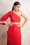 Shop_Palak & Mehak_Red Crepe Bandhani One Shoulder Dress _Online_at_Aza_Fashions