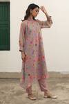 Begum_Pink Kurta Kota Printed Watercolor Floral Nilofer Asymmetric Hem Set _Online_at_Aza_Fashions