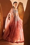 Bhumika Sharma_Pink Organza Sequins, Pearls Scoop Neck Printed And Embroidered Cape Lehenga Set _at_Aza_Fashions