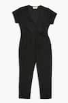 Reistor_Black Hemp V Neck Front Wrap Solid Jumpsuit  _Online_at_Aza_Fashions