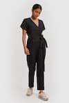 Shop_Reistor_Black Hemp V Neck Front Wrap Solid Jumpsuit  _Online_at_Aza_Fashions