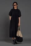 MATI_Black Cotton Round Neck Raglan Balloon Sleeve Dress _Online_at_Aza_Fashions