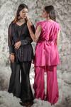 Buy_Negra Elegante_Pink Organza, Chanderi Round Ruffle Top And Pant Set_Online_at_Aza_Fashions