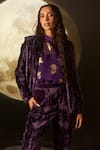 Dohr India_Purple Silk, Velvet, Organza Embroidery, Foil Printing Notched Lapel Suit Set _Online_at_Aza_Fashions