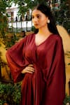 OMANA BY RANJANA BOTHRA_Maroon Satin Sequin V Neck Brick Flared Gown _Online_at_Aza_Fashions