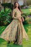 Redpine Designs_Green Viscose Georgette Print Vintage Floral Round Neck Anarkali With Sharara _Online_at_Aza_Fashions