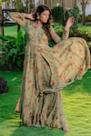 Shop_Redpine Designs_Green Viscose Georgette Print Vintage Floral Round Neck Anarkali With Sharara _Online_at_Aza_Fashions