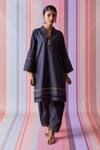 Buy_Bunka_Grey Cotton Embroidery Floral Lace V Neck Bell Sleeve Kurta And Salwar Set_Online_at_Aza_Fashions