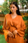 OMANA BY RANJANA BOTHRA_Orange Satin Plain V Neck Cowl Sleeve Top And Trouser Set _Online_at_Aza_Fashions