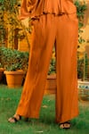 Buy_OMANA BY RANJANA BOTHRA_Orange Satin Plain V Neck Cowl Sleeve Top And Trouser Set _Online_at_Aza_Fashions