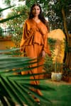 Shop_OMANA BY RANJANA BOTHRA_Orange Satin Plain V Neck Cowl Sleeve Top And Trouser Set _Online_at_Aza_Fashions