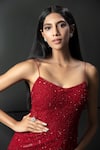 Rohit Gandhi + Rahul Khanna_Red Tulle, Linen Crystals Scoop Neck Starry Glitch Embroidered Gown _Online_at_Aza_Fashions