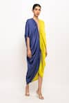 Buy_Neora By Nehal Chopra_Blue Bemberg Modal Silk Solid Plunge V Neck Color Blocked Cape  _Online_at_Aza_Fashions