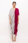 Neora By Nehal Chopra_Wine Bemberg Modal Silk Solid Plunge V Neck Asymmetrical Cape  _Online_at_Aza_Fashions