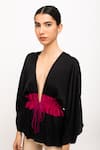 Neora By Nehal Chopra_Black Bemberg Modal Silk Solid Plunge V Ruched Asymmetrical Short Cape  _at_Aza_Fashions