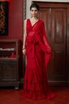 Arpita Mehta_Red Georgette V Neck Solid Ruffle Saree With Blouse _at_Aza_Fashions