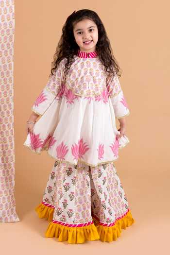 Chotibuti_Off White Cotton Embroidery, Ruffles Lotus Print Anarkali And Sharara Set _Online_at_Aza_Fashions