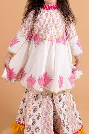 Buy_Chotibuti_Off White Cotton Embroidery, Ruffles Lotus Print Anarkali And Sharara Set _Online_at_Aza_Fashions