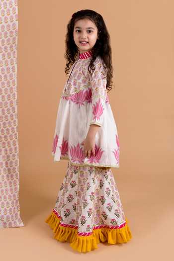 Shop_Chotibuti_Off White Cotton Embroidery, Ruffles Lotus Print Anarkali And Sharara Set _Online_at_Aza_Fashions