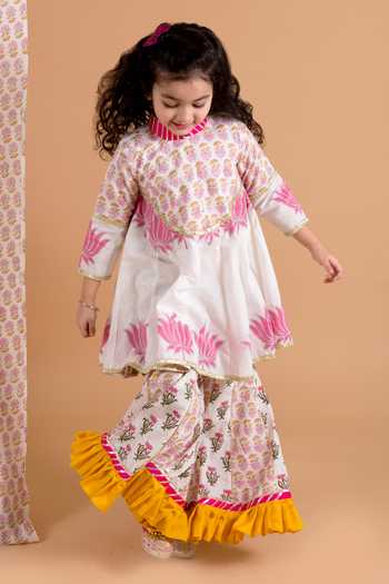 Chotibuti_Off White Cotton Embroidery, Ruffles Lotus Print Anarkali And Sharara Set _at_Aza_Fashions