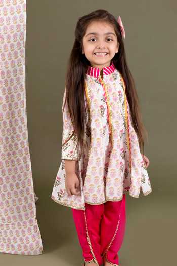 Buy_Chotibuti_Off White Cotton, Rayon Gota Patti Flared Kurta And Dhoti Pant Set _Online_at_Aza_Fashions