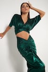 Cham Cham_Green Polyester V-neck Draped Skirt And Top Set _Online_at_Aza_Fashions