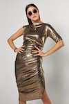 Cham Cham_Gold Stretch Knit Foil Plain Boat Neck Metallic Asymmetric Sleeve Dress _Online_at_Aza_Fashions