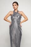 Cham Cham_Silver Stretch Knit Foil Solid Halter Neck Metallic Gown _at_Aza_Fashions